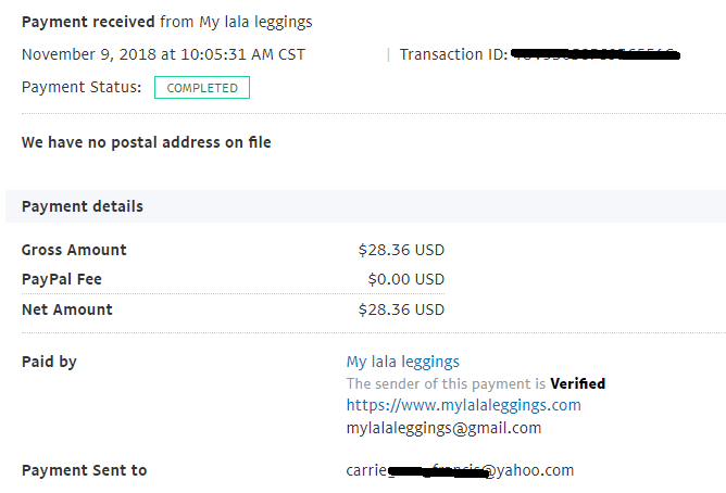 My proof of payment from My Lala Leggings