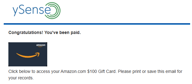 ySense $100 Amazon Gift Card 